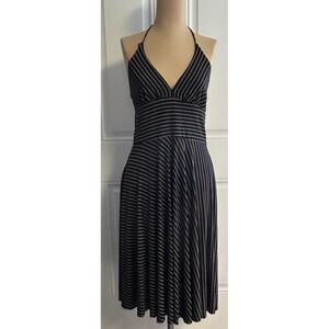 Alyn Paige Women's Midi Dress Black White Striped Halter V-Neck Wedding Guest
